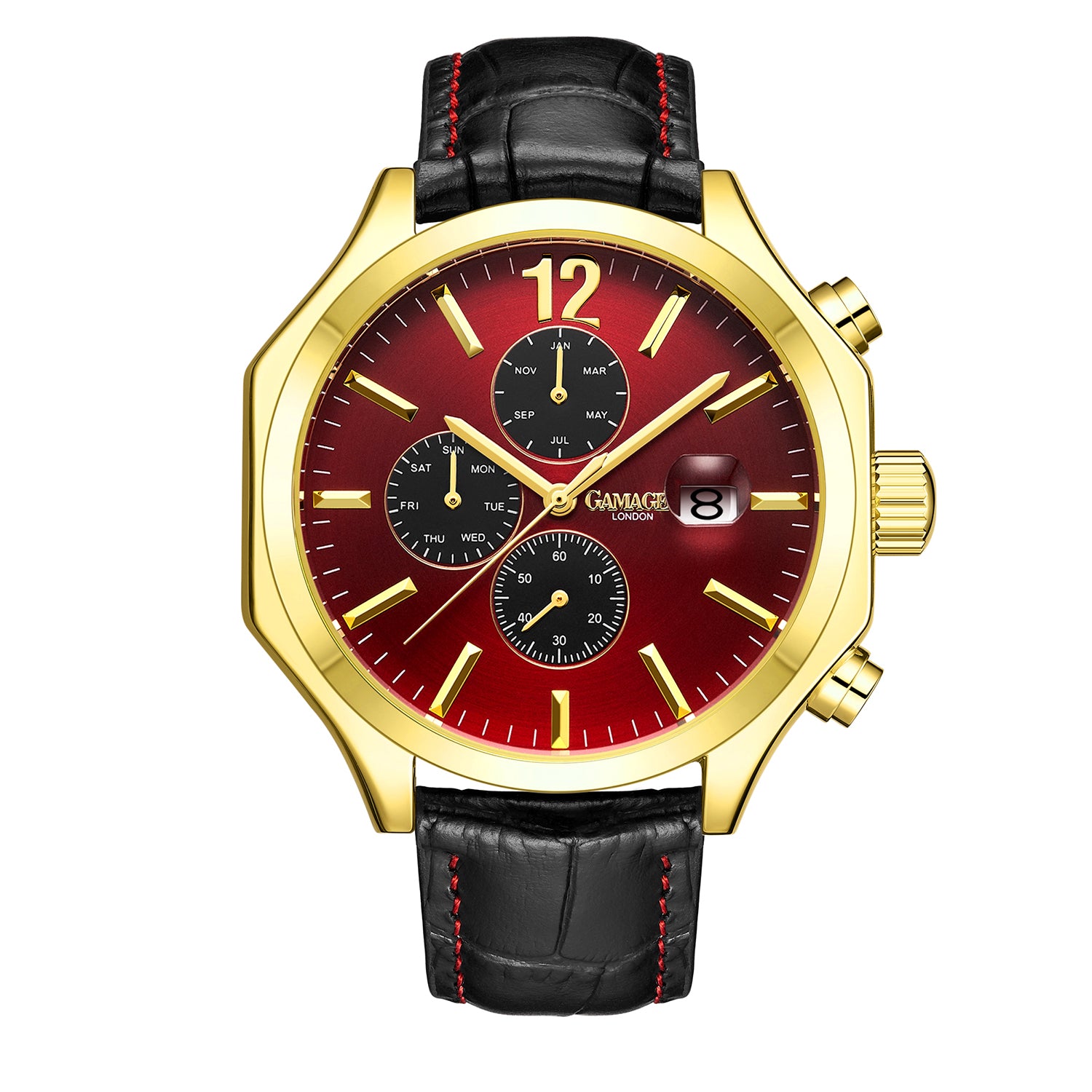 GAMAGES OF LONDON Limited Edition Hand Assembled Opulence Automatic Movement Red Dial Water Resistant Watch with Black Leather Strap 6851191 0