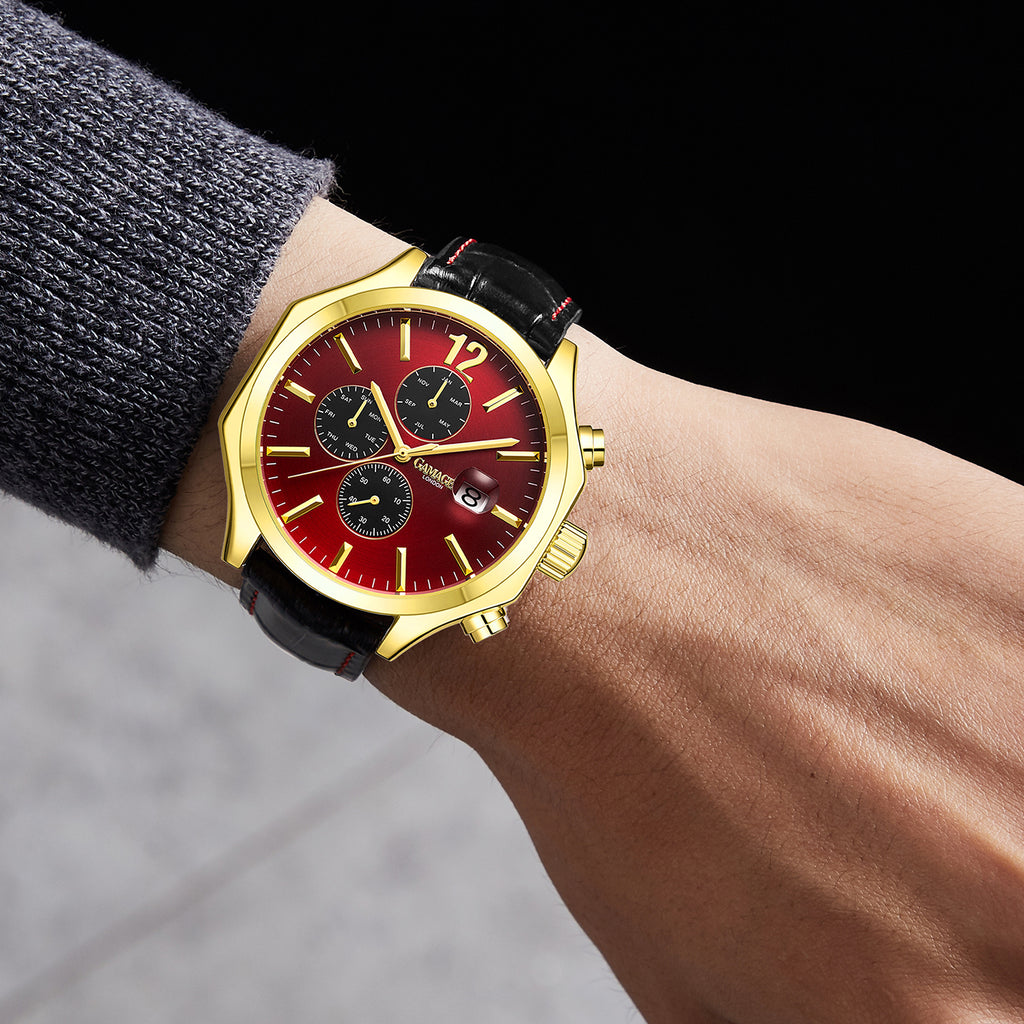 GAMAGES OF LONDON Limited Edition Hand Assembled Opulence Automatic Movement Red Dial Water Resistant Watch with Black Leather Strap_6851191_1