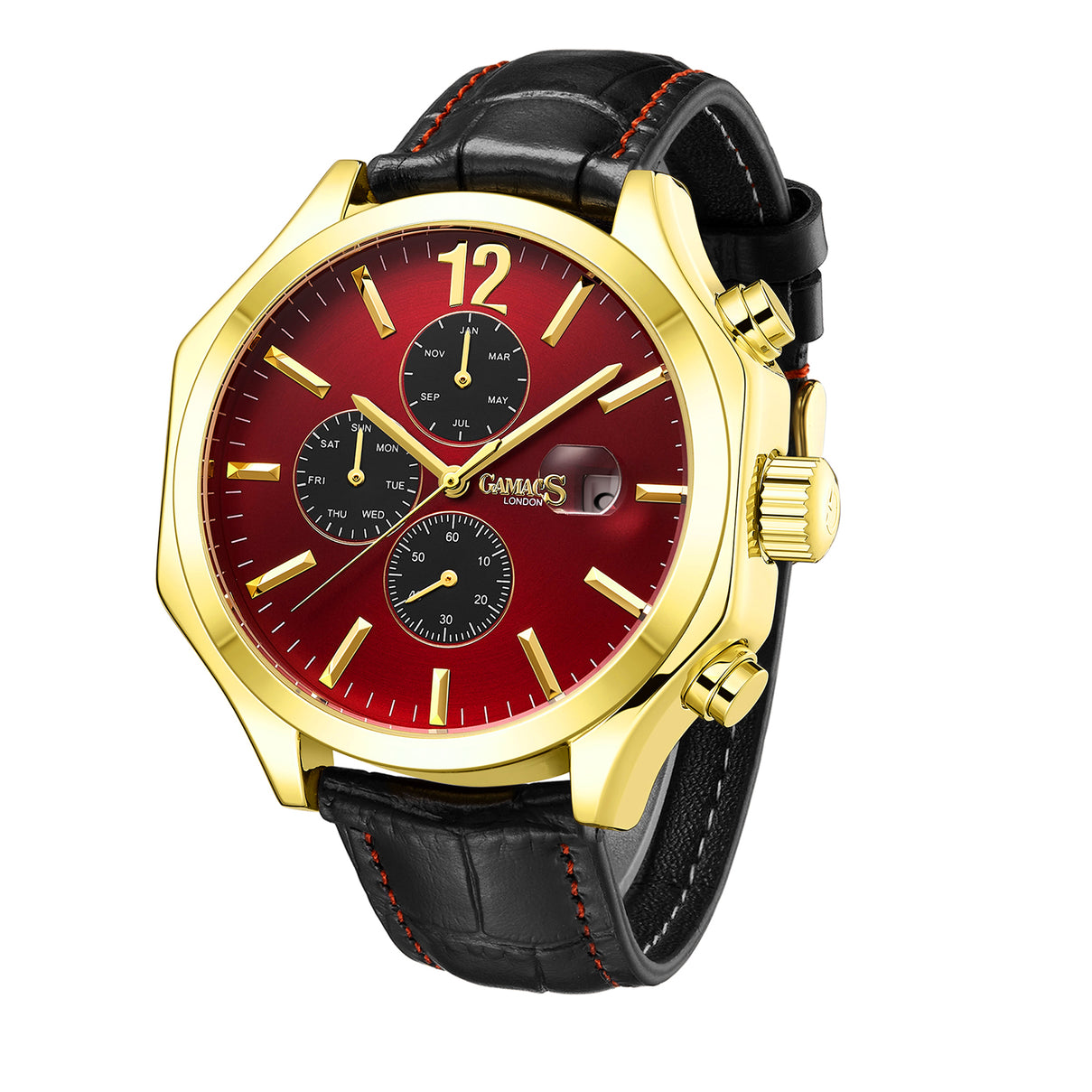 GAMAGES OF LONDON Limited Edition Hand Assembled Opulence Automatic Movement Red Dial Water Resistant Watch with Black Leather Strap 6851191 3