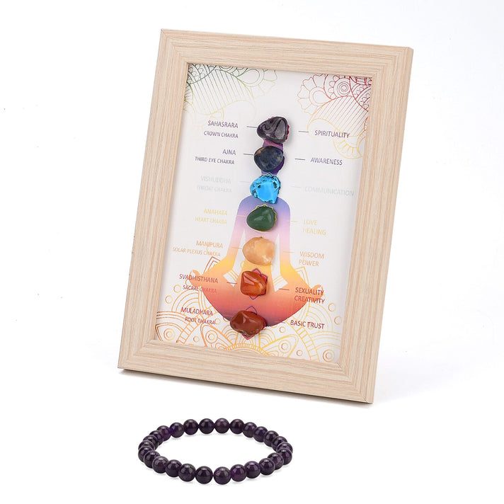 Multi-Gemstone 7 Chakra Healing Crystal Gift Set- Photo Case &amp; Amethyst Beads Stretchable Bracelet (7.5-8.0 inch) 4430912 1
