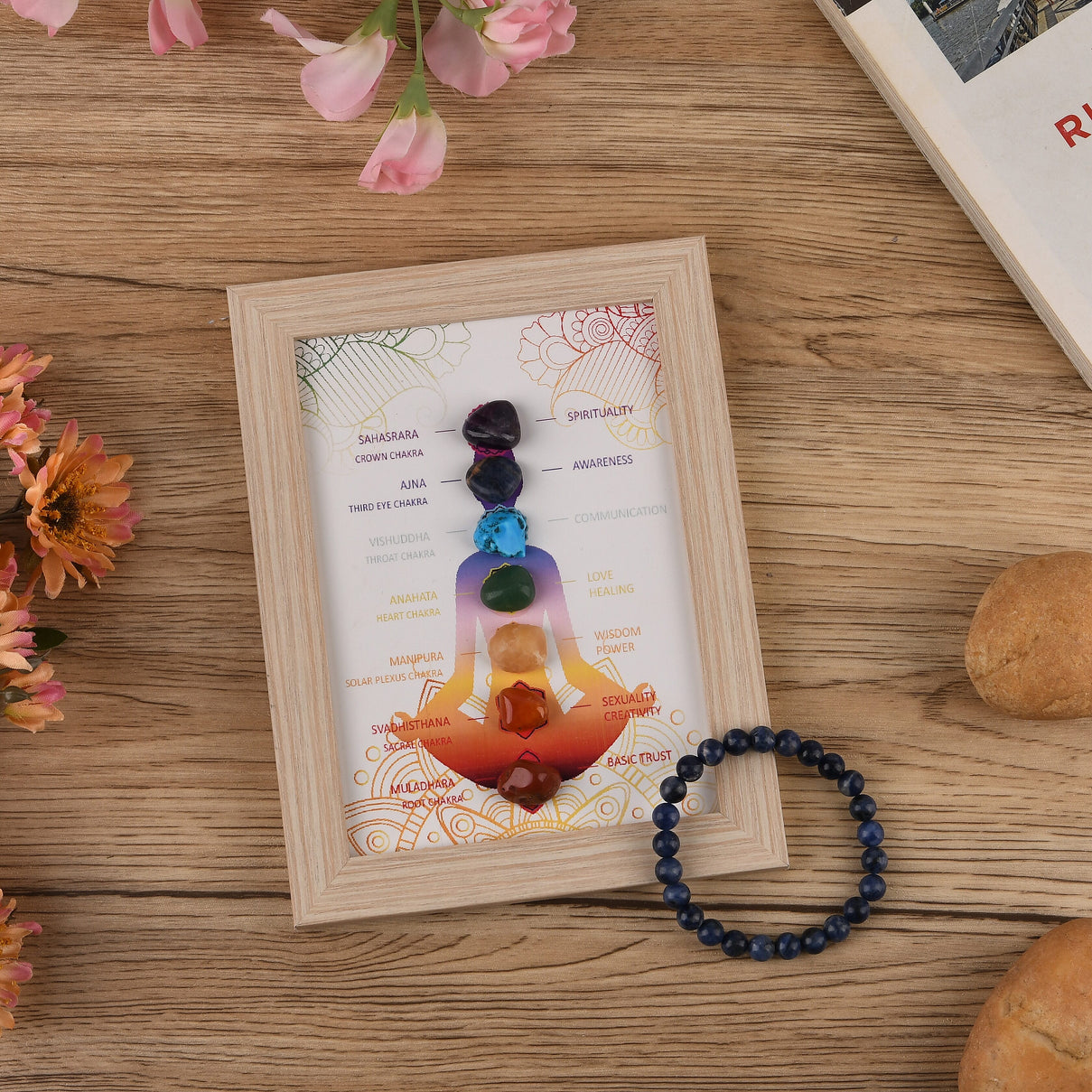 Multi-Gemstone 7 Chakra Healing Crystal Gift Set: Photo Case &amp; Sodalite Beads Stretchable Bracelet (7.5-8 inch) 4430913 1