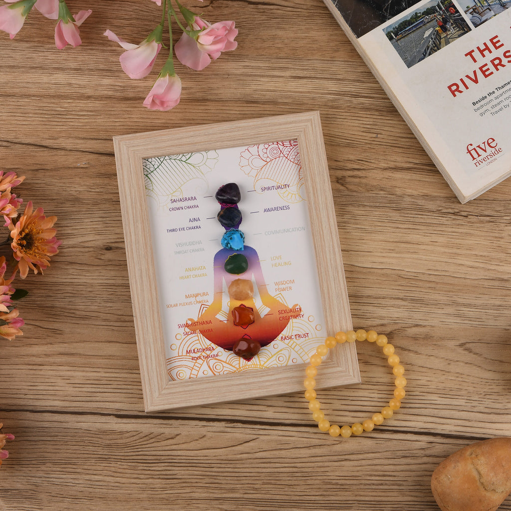 Multi-Gemstone 7 Chakra Healing Crystal Gift Set- Photo Case & Yellow Quartz Beads Stretchable Bracelet (7.8-8 inch)