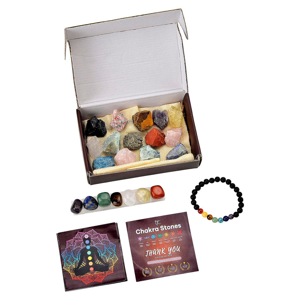 7 Chakra Raw Stones, 7 Chakra Tumbled Stones, 7 Colorful Gemstones. Lava Rock Chakra Bracelet and Chakra Therpay Guide