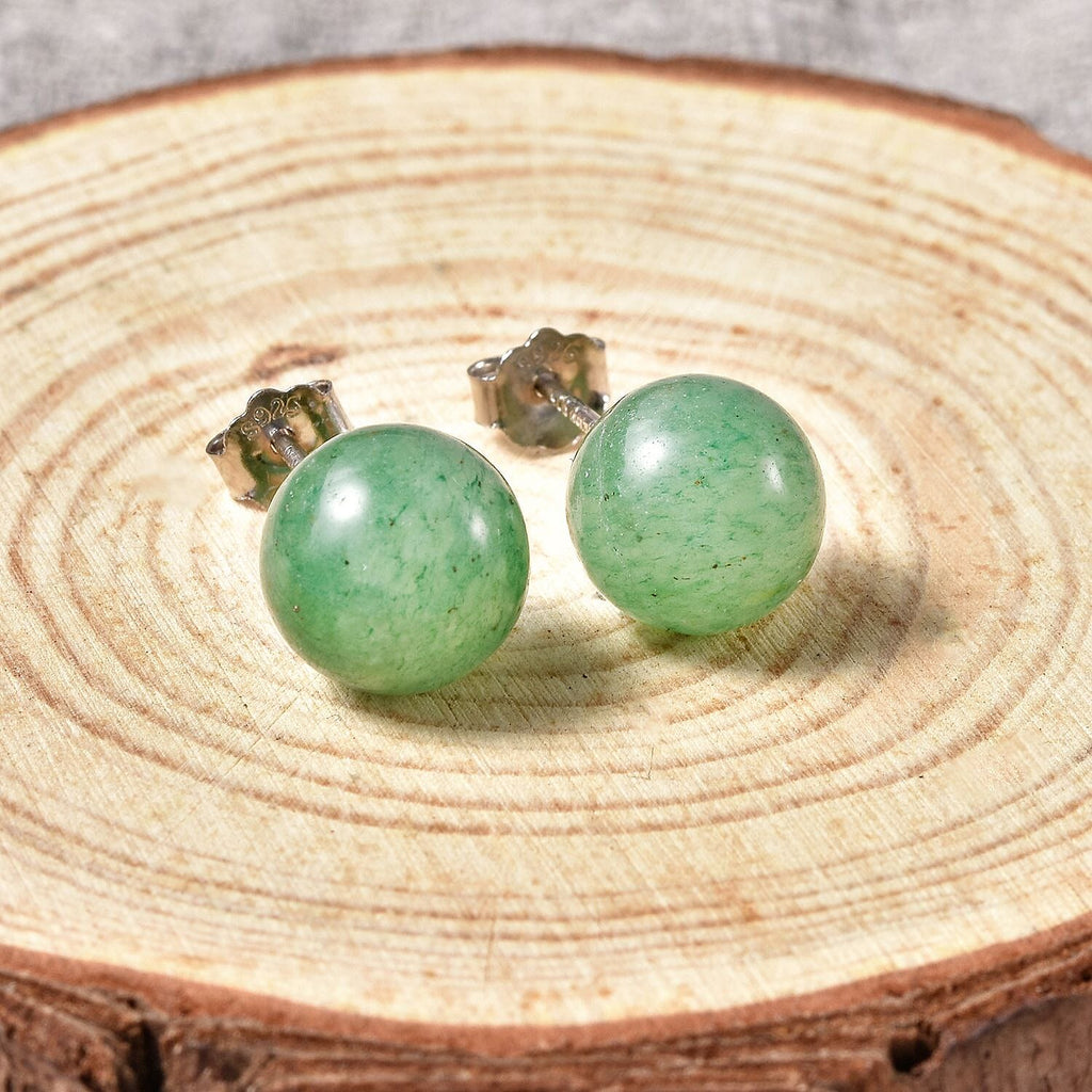Green Aventurine Beads Stud Earrings in Rhodium Overlay Sterling Silver 7.00 Ct.