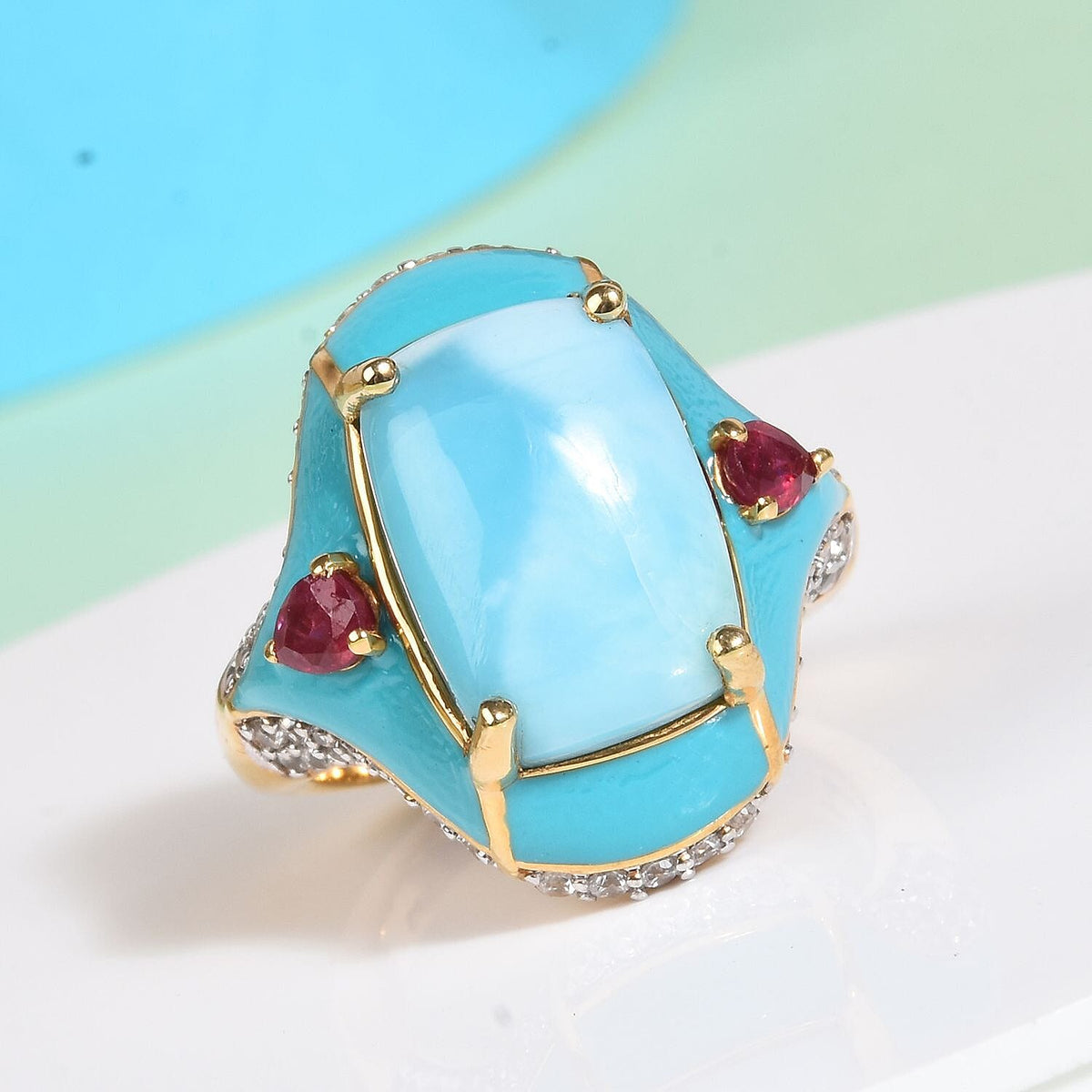 7.88 Ct. Larimar, African Ruby and Natural Cambodian Zircon Ring in 14K Gold Plated Sterling Silver 3600713 1