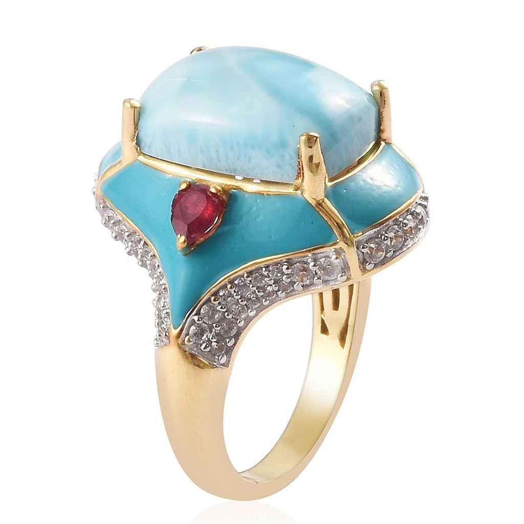 Larimar, African Ruby (FF) and Natural Cambodian Zircon Ring in 14K Gold Overlay Sterling Silver 7.88 Ct, Silver wt 5.81 Gms