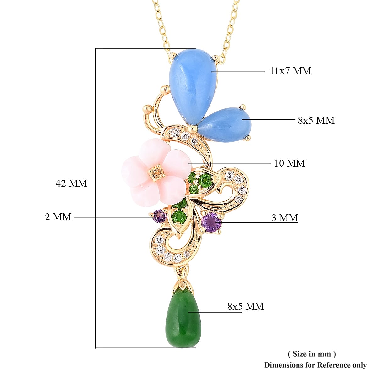 7.92 Ct Blue and Green Jade and Multi Gemstone Floral Pendant With Chain in Gold Plated Silver 3445106 4