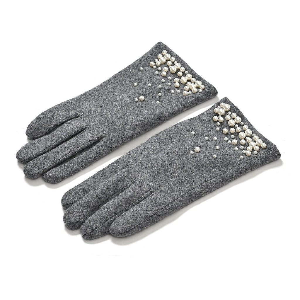 Elegant Cashmere Touch Screen Pearl Embellishments Gloves - Grey