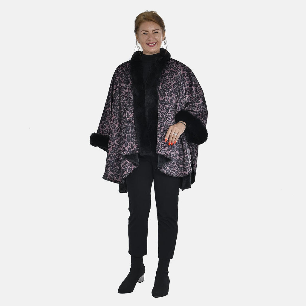 Tamsy Leopard Pattern Faux Fur Double Knit Kimono (Size 142x73 Cm) - Dark Brown_7011190