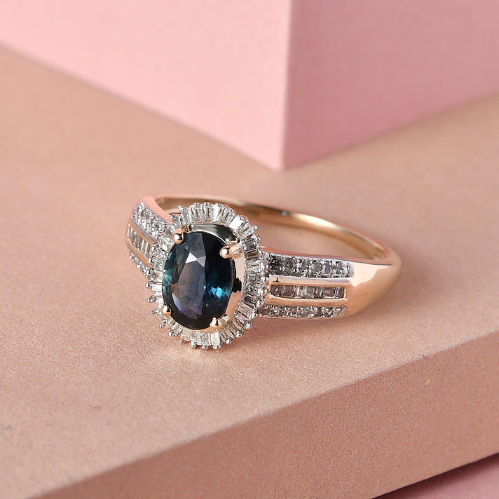 9K Yellow Gold Ocean Teal Sapphire and Diamond Ring 1.30 Ct 7073882 2