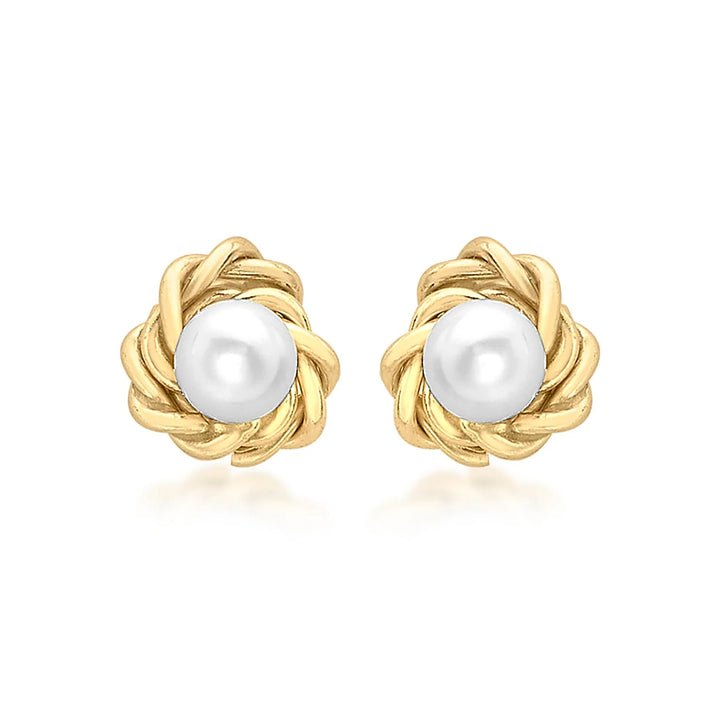 9K Yellow Gold Knot and 3mm Freshwater Pearl 5mm Stud Earrings 7078175 1