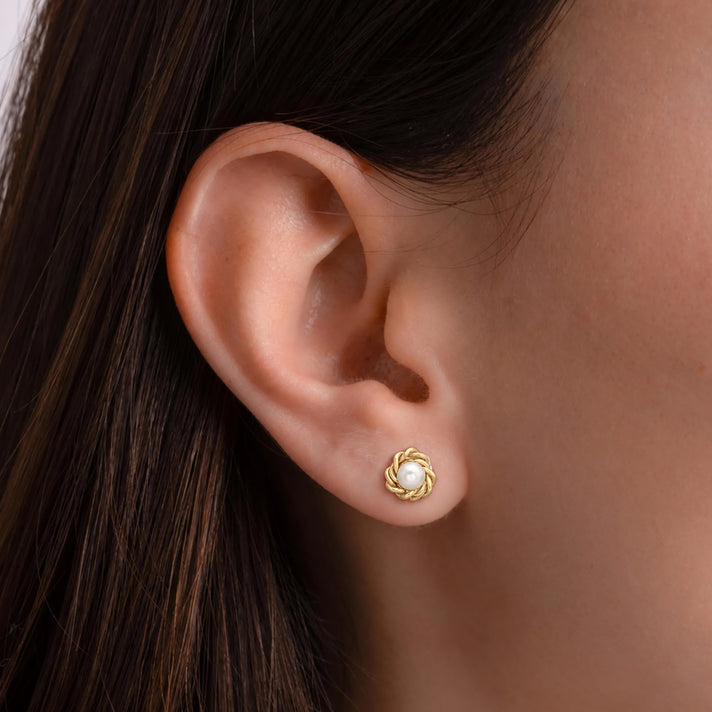 9K Yellow Gold Knot and 3mm Freshwater Pearl 5mm Stud Earrings 7078175 2