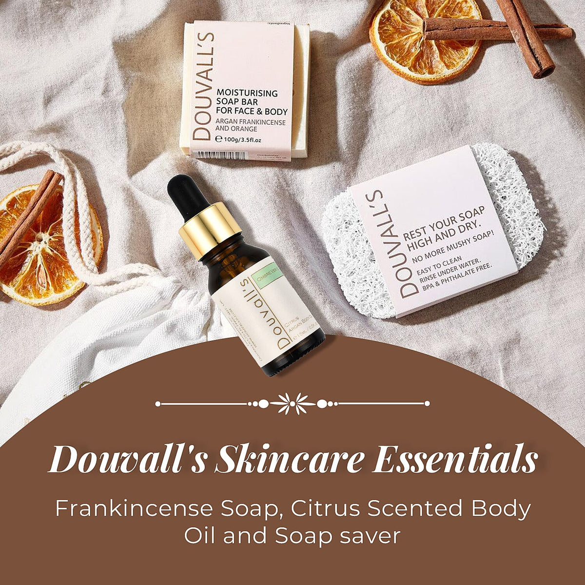 Douvalls: Frankincense Soap, Citrus Scented Body Oil and Soap saver 7132480 1