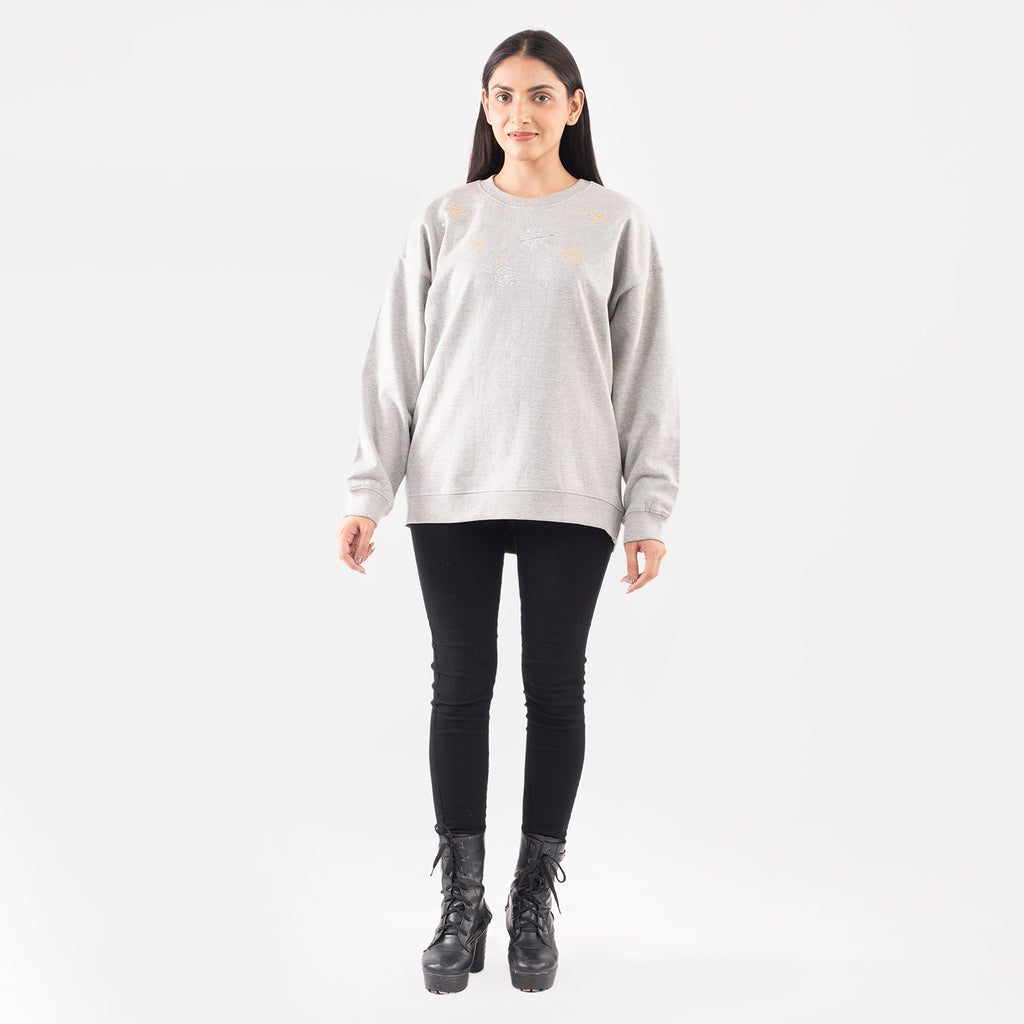 Snowflakes Embroidered Cotton Sweatshirt (Size L 16-18) - Grey_7134485