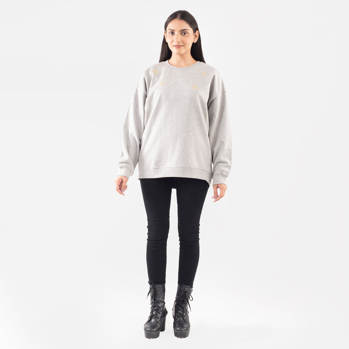 TAMSY Xmas Embroidered Cotton Women's Sweatshirt - Grey 7134485 0