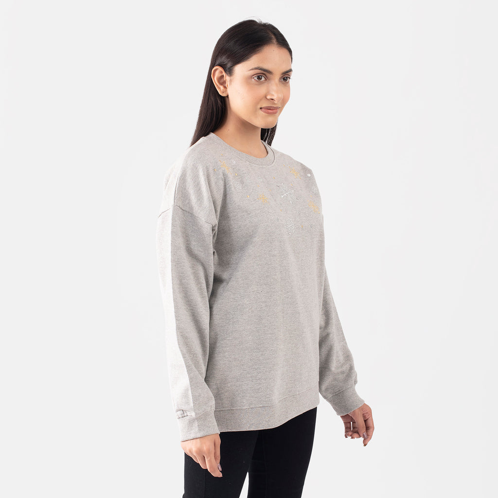 Snowflakes Embroidered Cotton Sweatshirt (Size L 16-18) - Grey_7134485_2