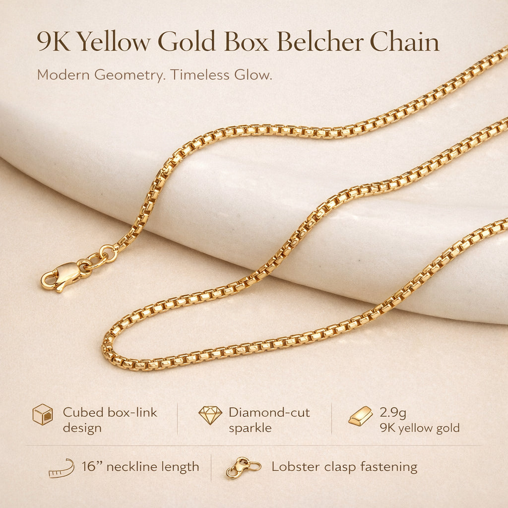 9K Yellow Gold Diamond Cut Box Belcher Chain 16 Inch 7190524 6