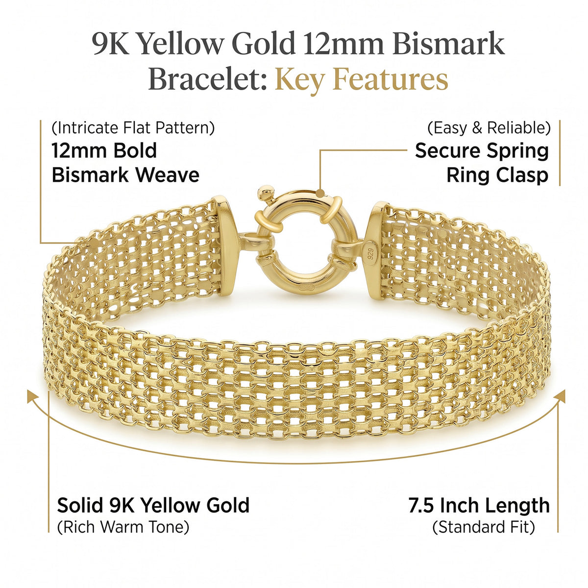 9K Yellow Gold 12mm Bismark Bracelet 7.5 Inch 7193041 5