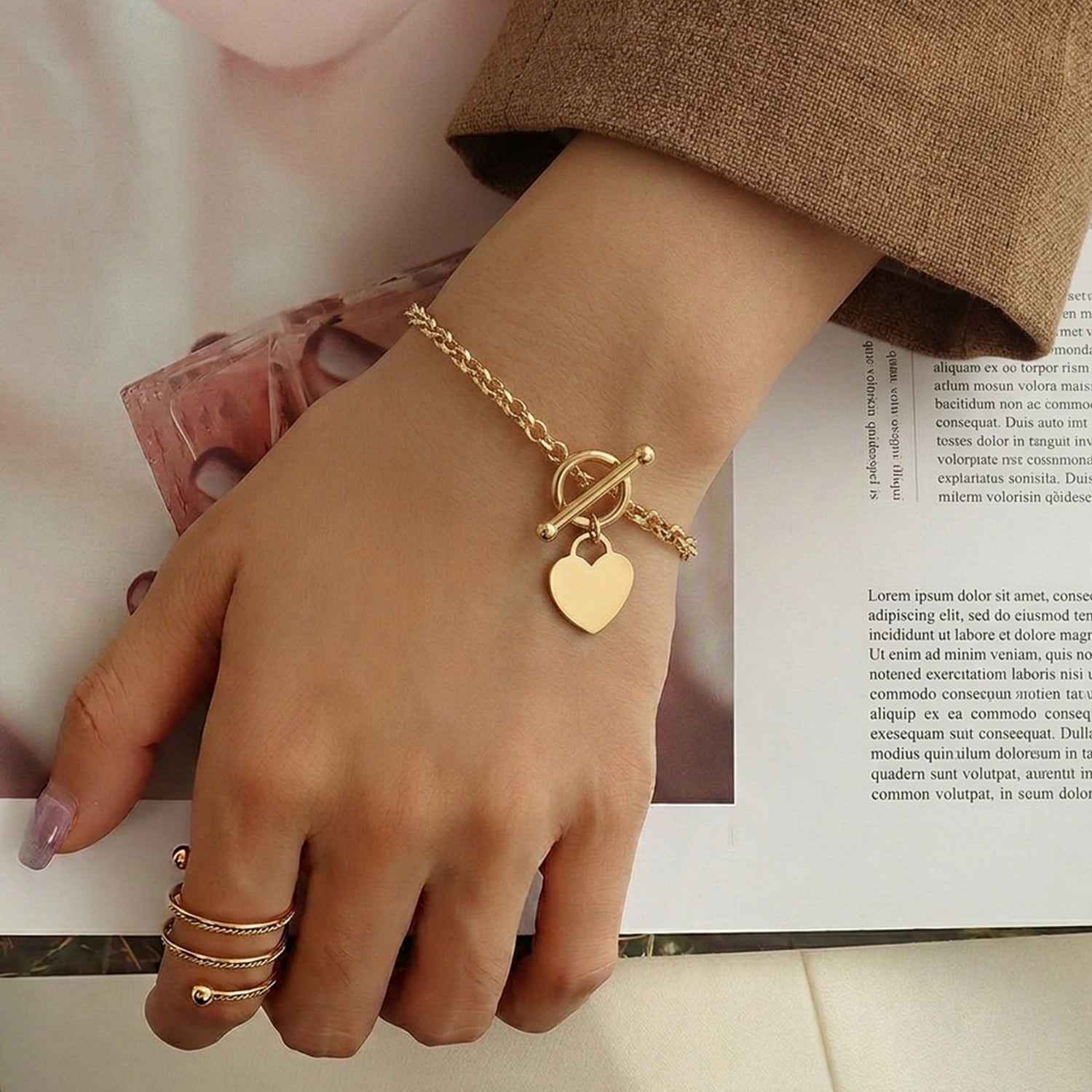 9K Yellow Gold Oval Belcher Heart Tag T Bar Bracelet 8 Inch 7193403 1