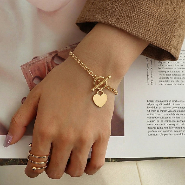 9K Yellow Gold Oval Belcher Heart Tag T Bar Bracelet 8 Inch 7193403 2