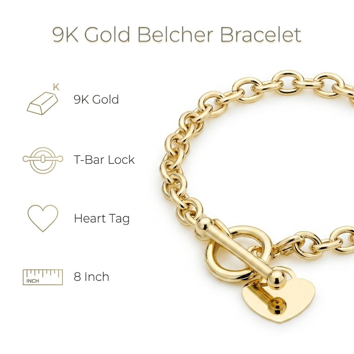 9K Yellow Gold Oval Belcher Heart Tag T Bar Bracelet 8 Inch 7193403 3