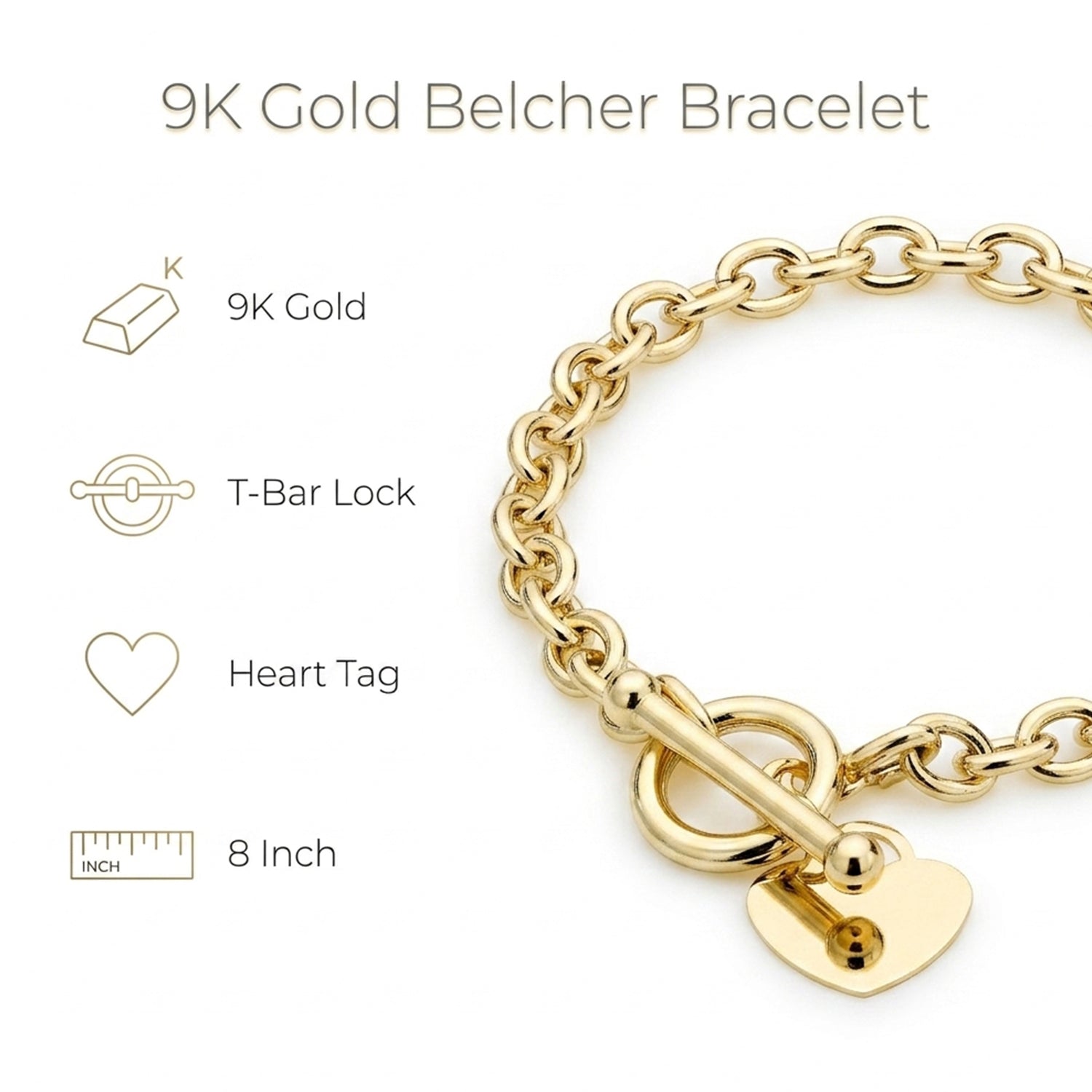 9K Yellow Gold Oval Belcher Heart Tag T Bar Bracelet 8 Inch 7193403 3