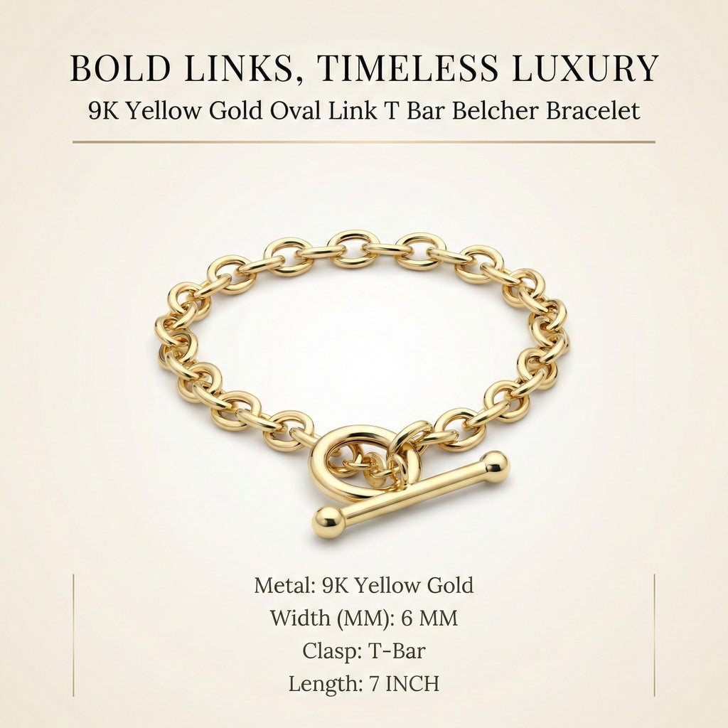 9K Yellow Gold 6mm Oval Link T Bar Belcher Bracelet 7 Inch_7193404_7
