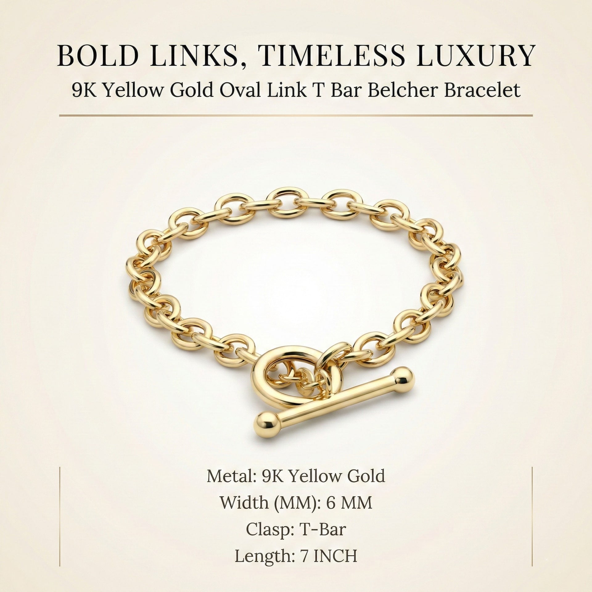 9K Yellow Gold 6mm Oval Link T Bar Belcher Bracelet 7 Inch 7193404 7