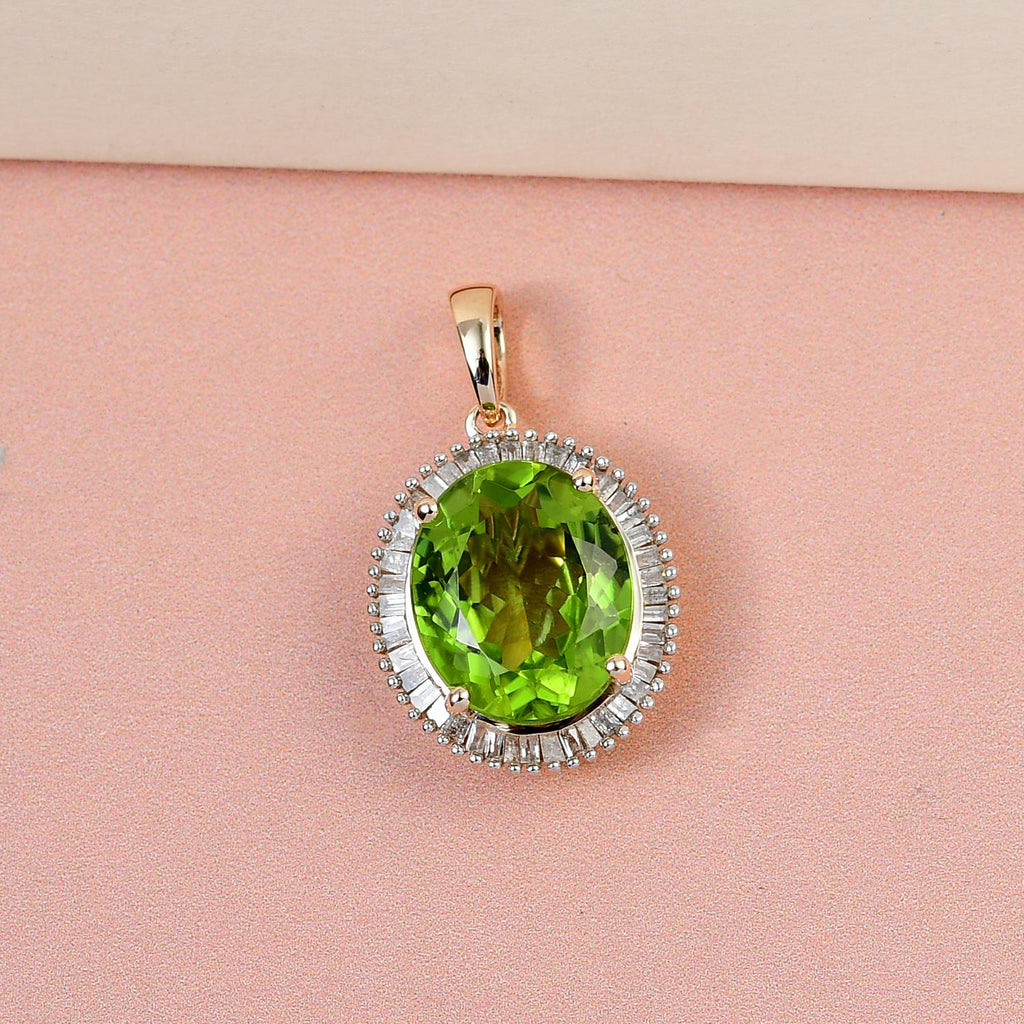 9K Yellow Gold Natural Hebei Peridot and Diamond Halo Pendant 5.41 Ct._7197133_2