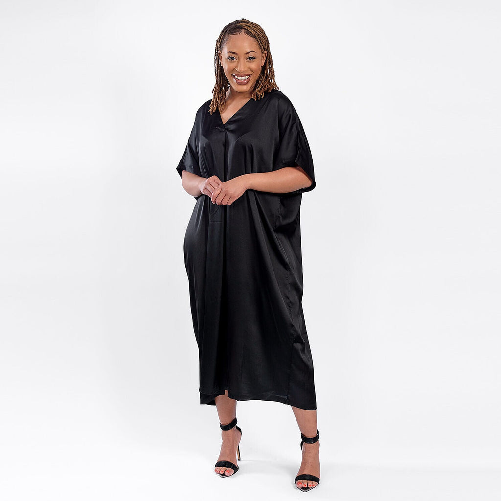 V Neck Satin Kimono Dress (One Size) 8-18 - Black_7200009