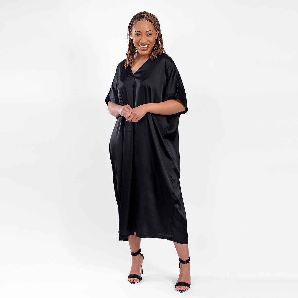 V Neck Satin Kimono Dress - Black V32535601 0