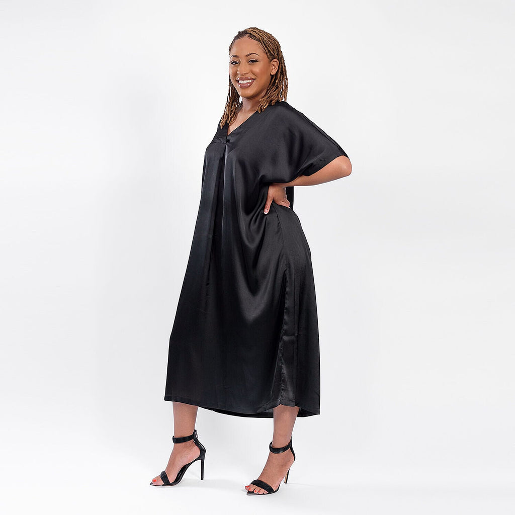 V Neck Satin Kimono Dress (One Size) 8-18 - Black_7200009_1