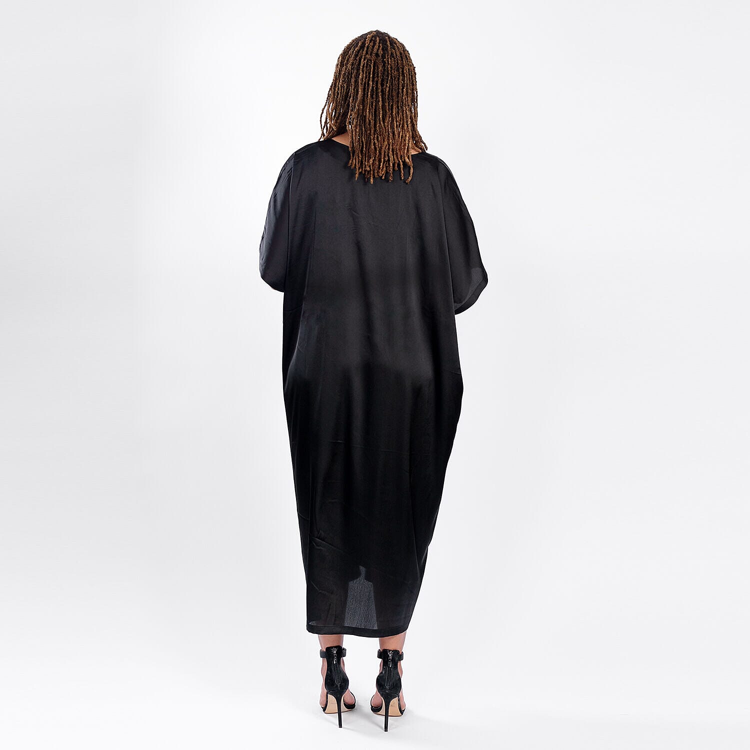 V Neck Satin Kimono Dress - Black V32535601 2