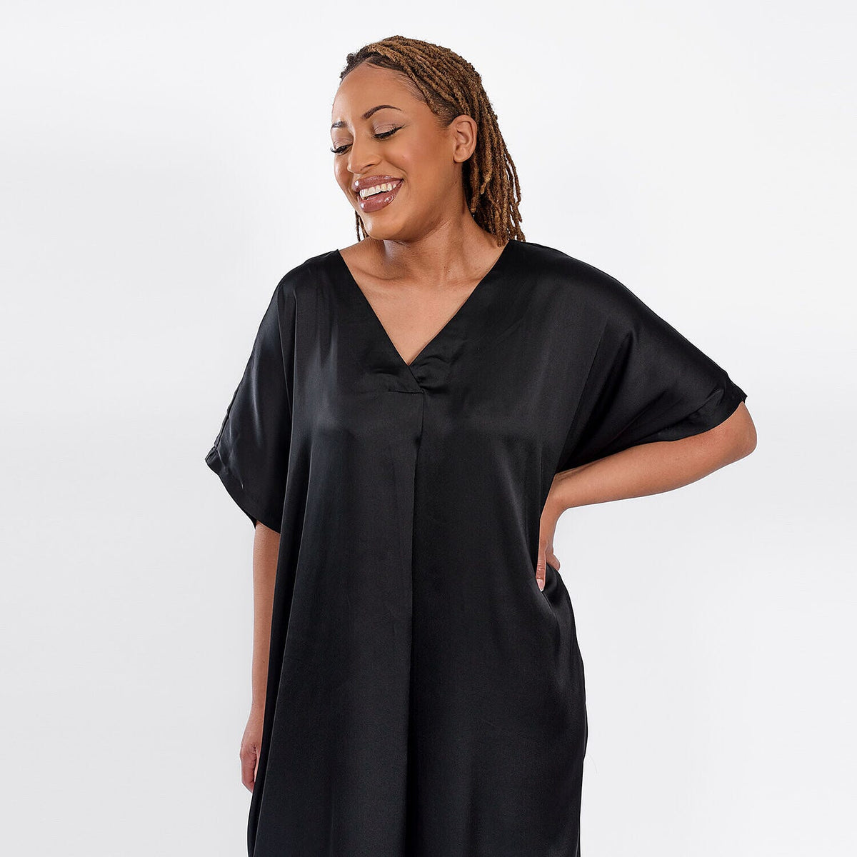 V Neck Satin Kimono Dress - Black V32535601 3