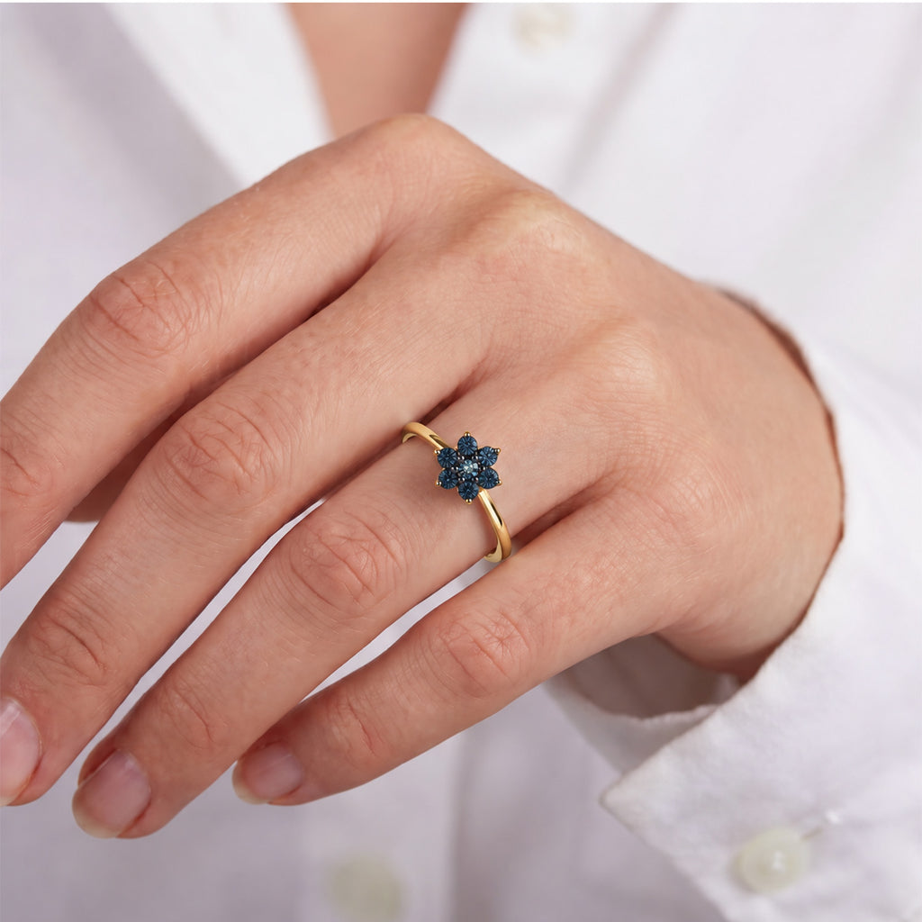 D'Joy - Blue Diamond Floral Band Ring in 18K Vermeil Yellow Gold Plated Sterling Silver_7209430_2