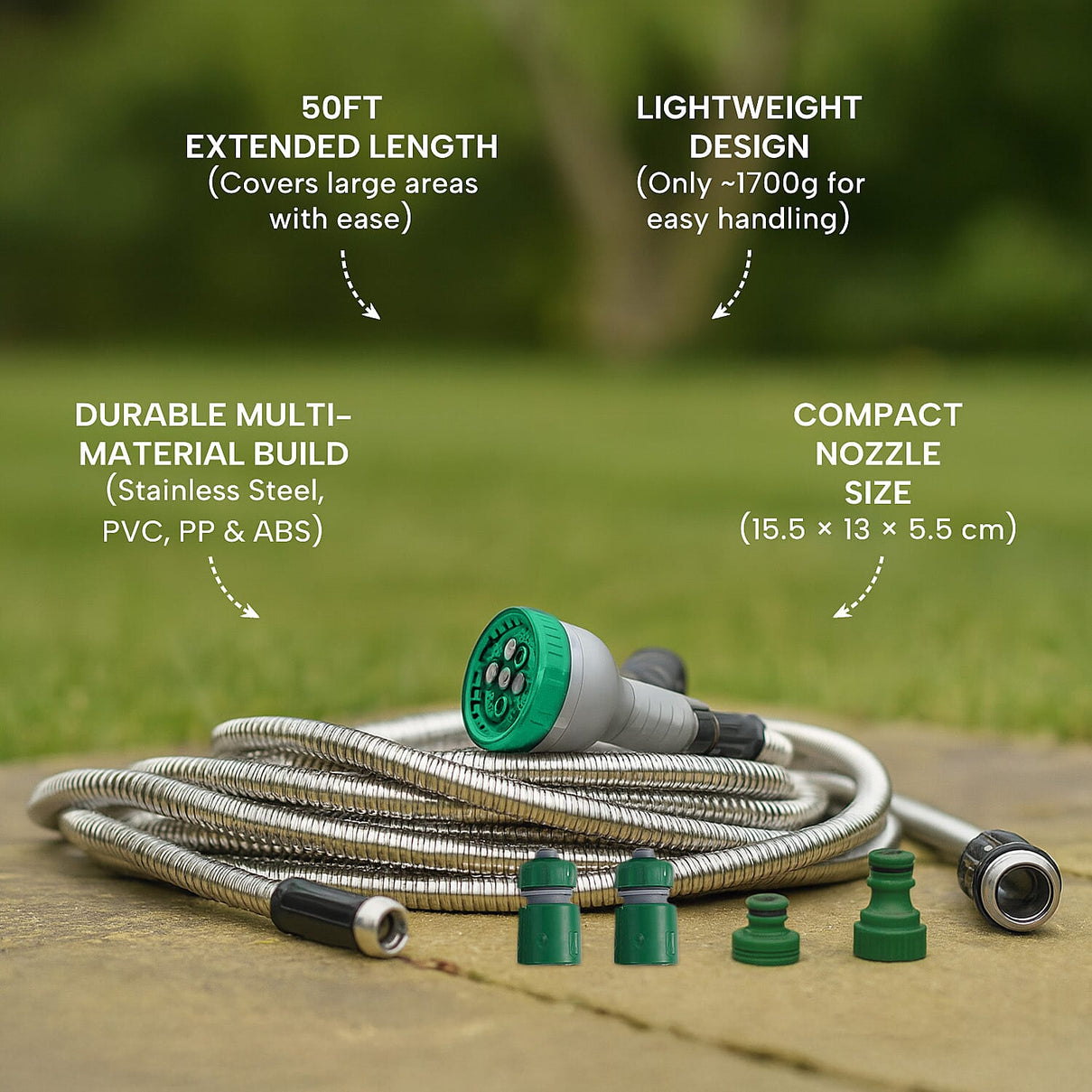 Stainless Steel Super Durable Kink Free Metal Garden Hose 50 ft PLUS 6 Mode Multi Spray Head - Jet, Shower, Flat, Center, Cone and Mist 7214317 5