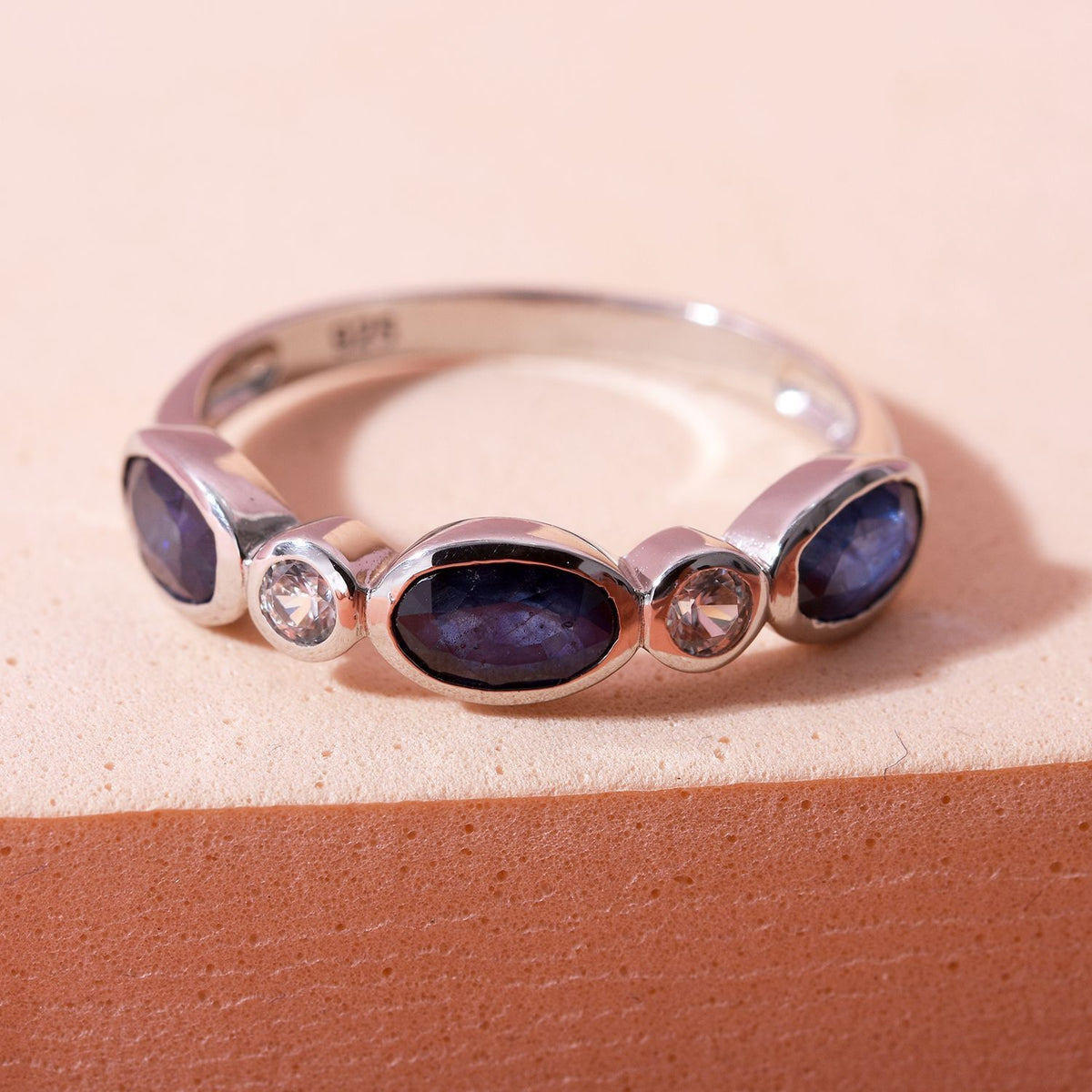 Mosoala Blue Sapphire and Natural Zircon 5 Stone Ring in Rhodium Overlay Sterling Silver 1.95 Ct V32756180 1
