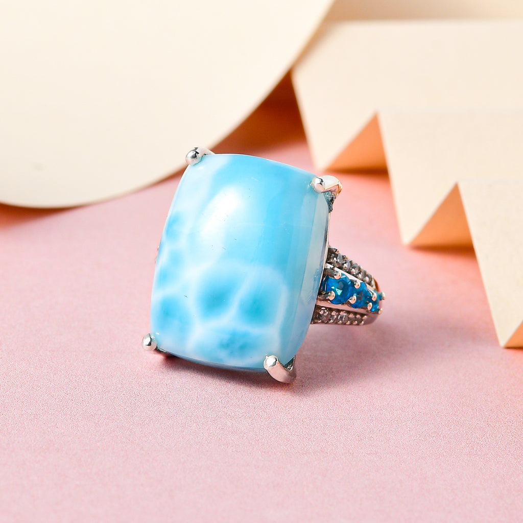 Doorbuster - Larimar, Natural Zircon and Neon Apatite Ring in Platinum Overlay Sterling Silver 20.04 Ct._7259864_1