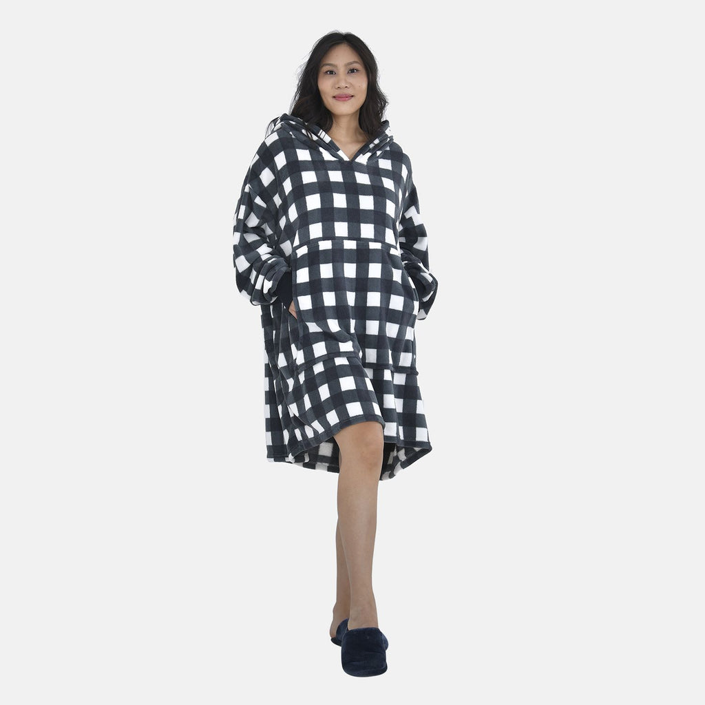 Close Out - Flannel Checkered Pattern Oversized Hoodie with a Giant Pocket (Size 94x80 Cm) - Black_7260829