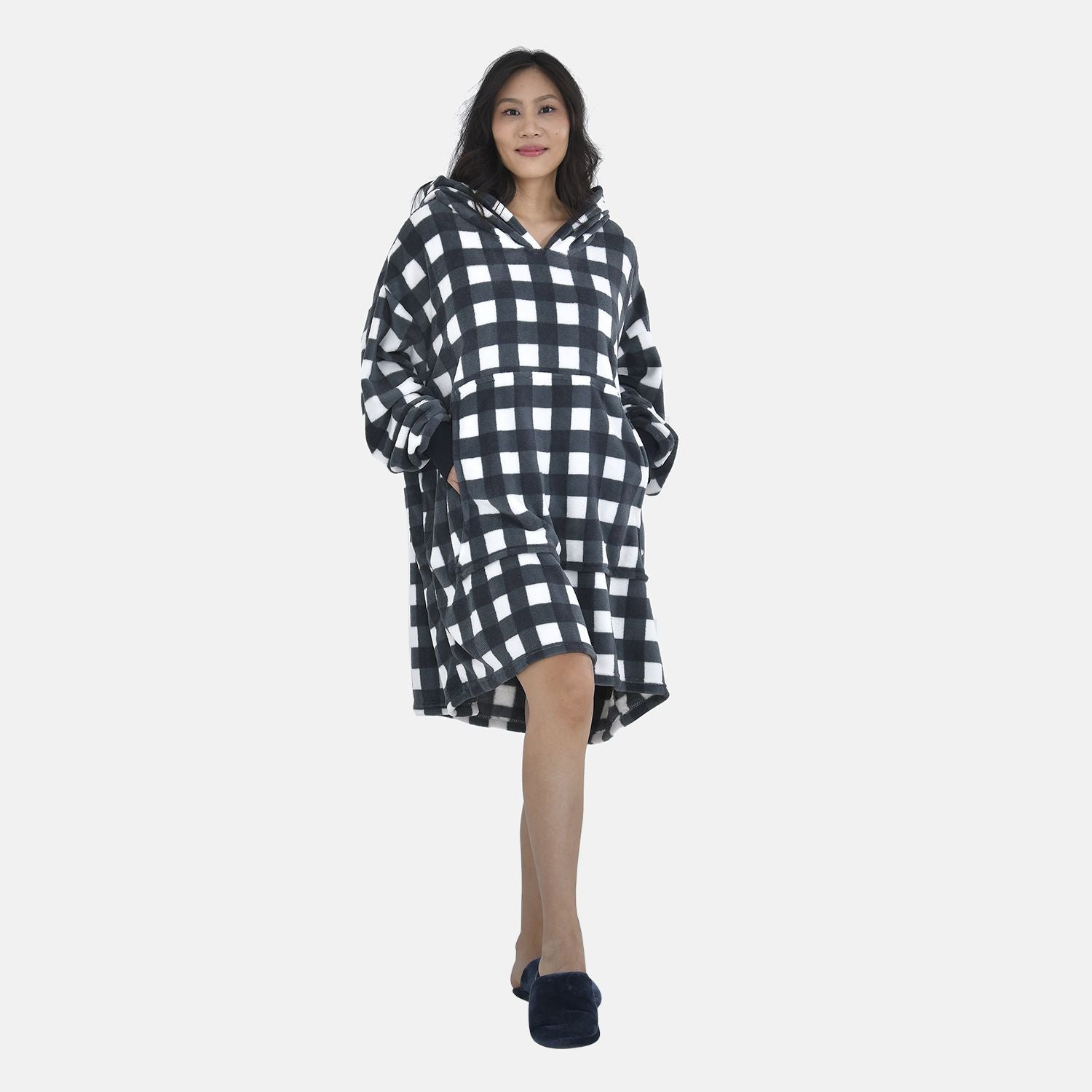 Close Out - Flannel Checkered Pattern Oversized Hoodie with a Giant Pocket (Size 94x80 Cm) - Black 7260829 0