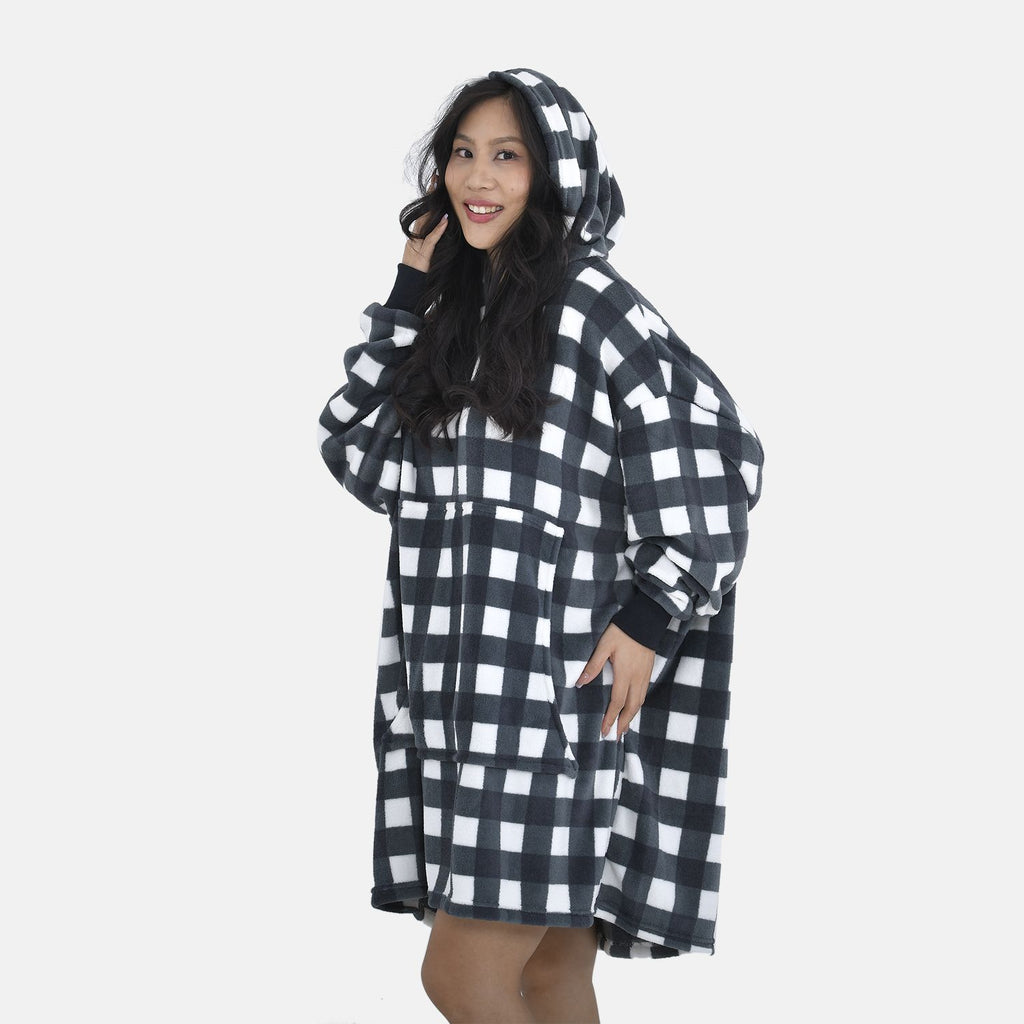 Close Out - Flannel Checkered Pattern Oversized Hoodie with a Giant Pocket (Size 94x80 Cm) - Black_7260829_3