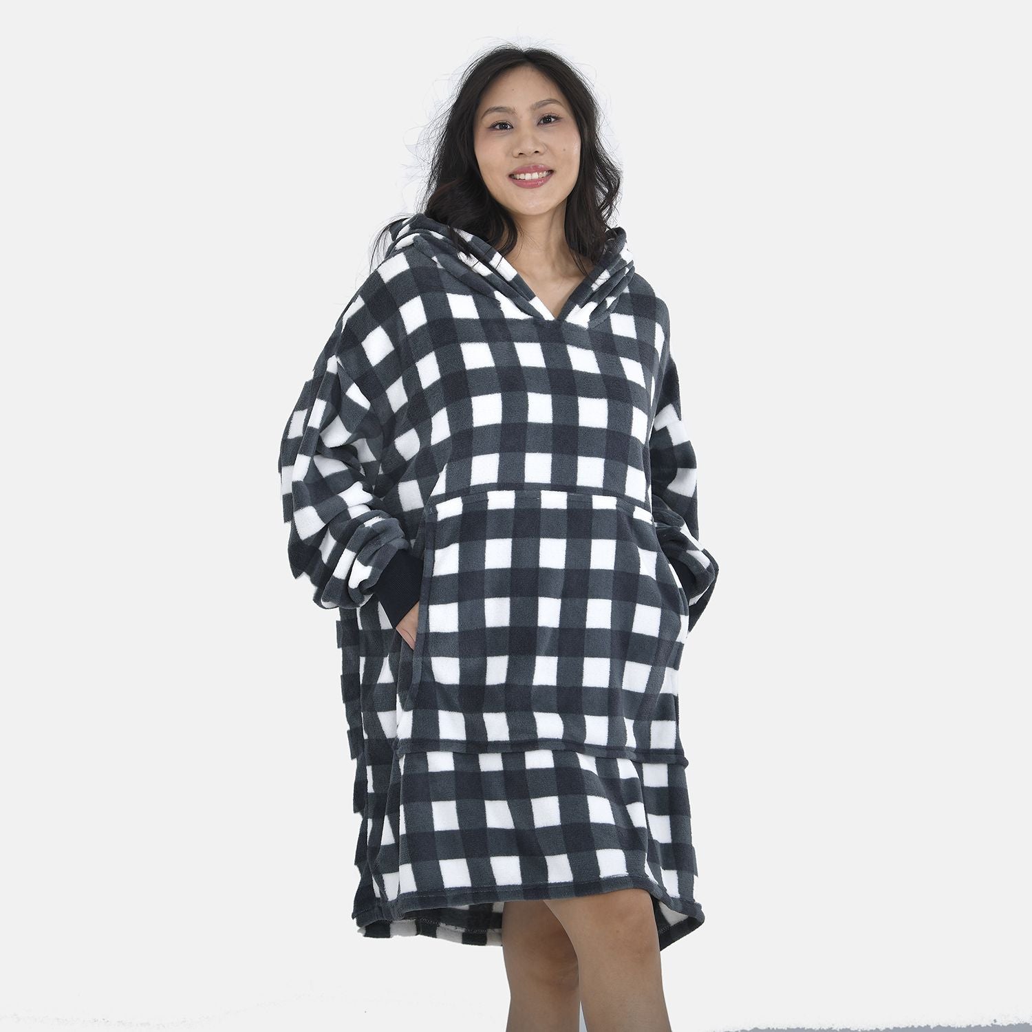 Close Out - Flannel Checkered Pattern Oversized Hoodie with a Giant Pocket (Size 94x80 Cm) - Black 7260829 4