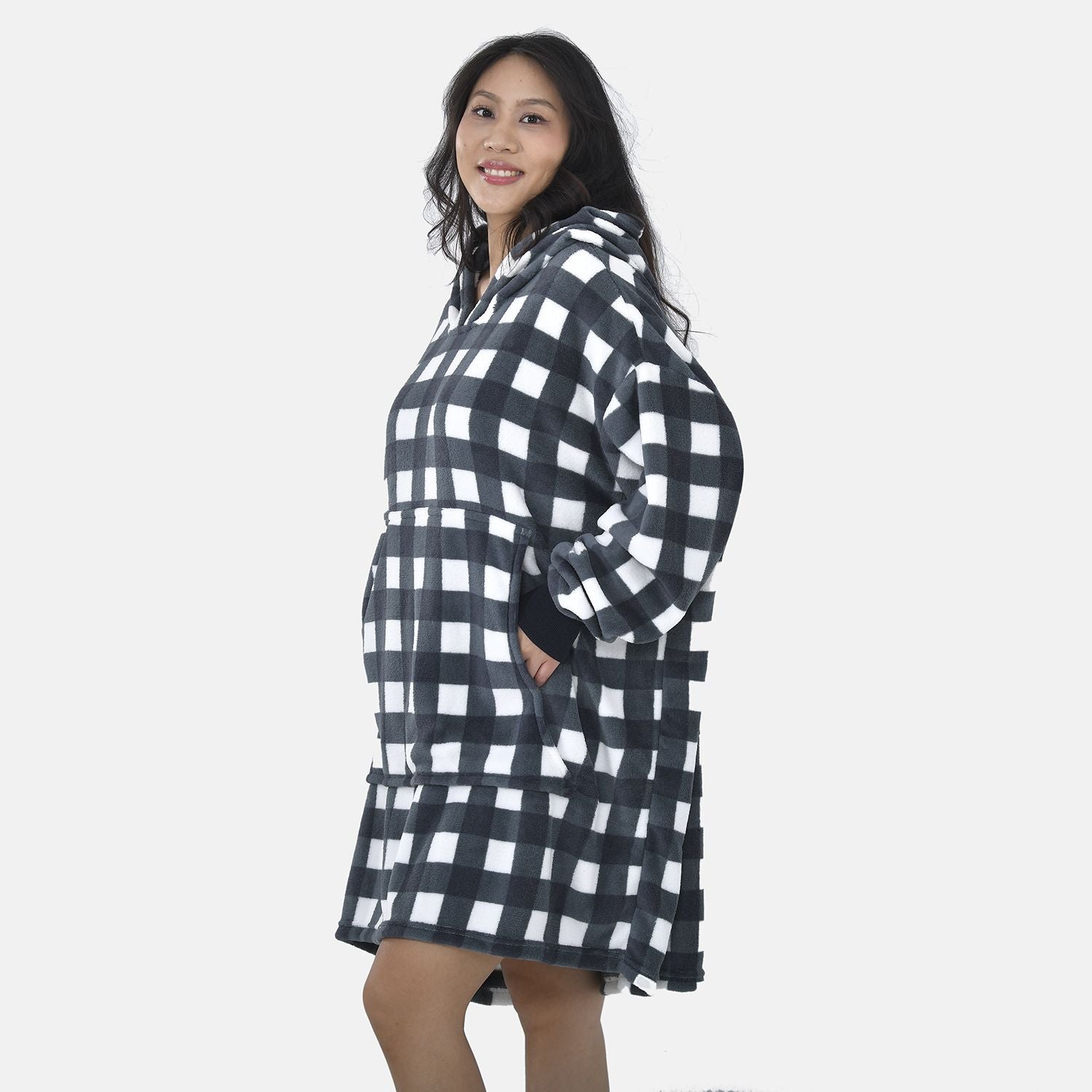Close Out - Flannel Checkered Pattern Oversized Hoodie with a Giant Pocket (Size 94x80 Cm) - Black 7260829 5