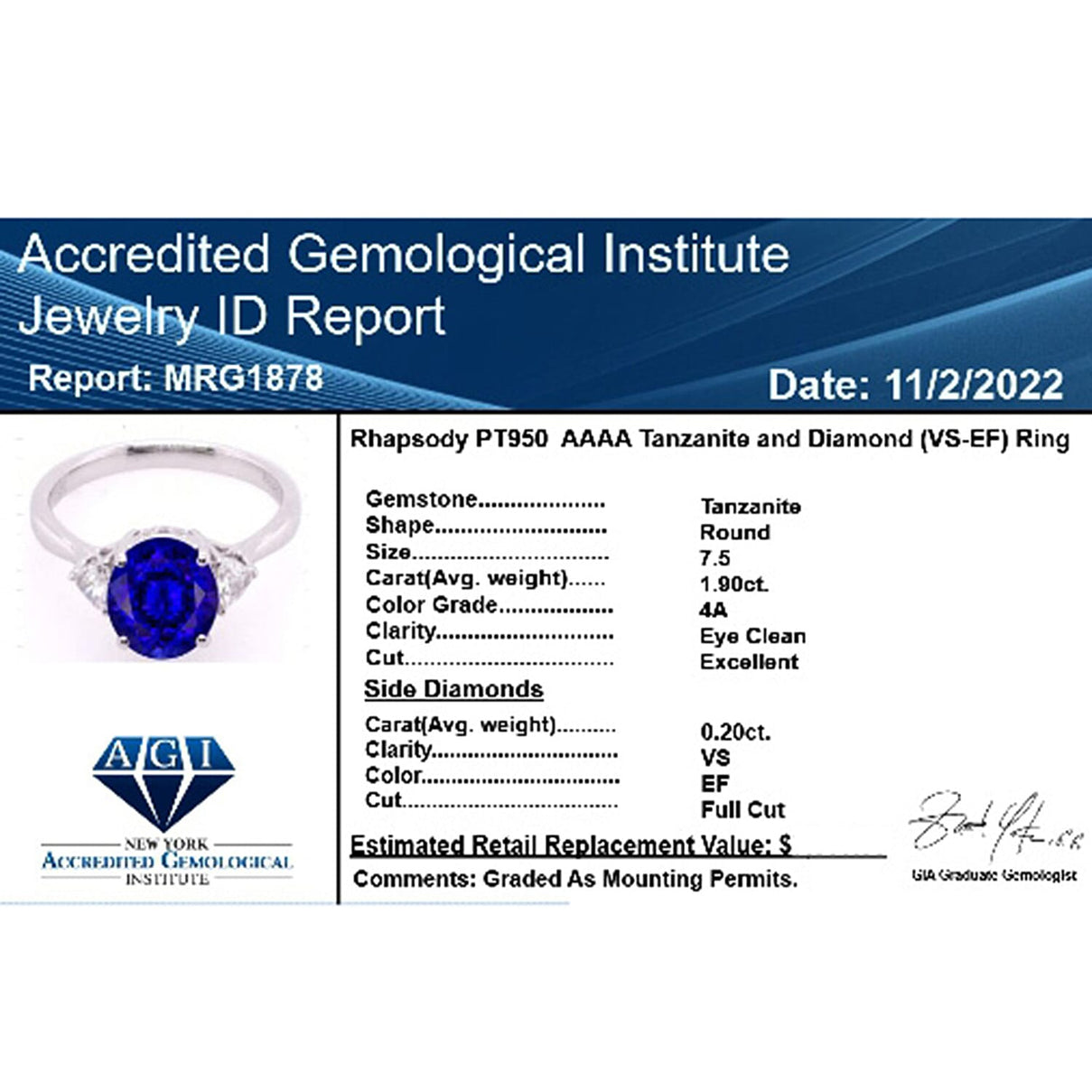 Certified and Appraised RHAPSODY 950 Platinum 2.10 Ct AAAA Tanzanite and Diamond VS-EF Solitaire Engagement Ring, Platinum 3.84 grams 7262146 7