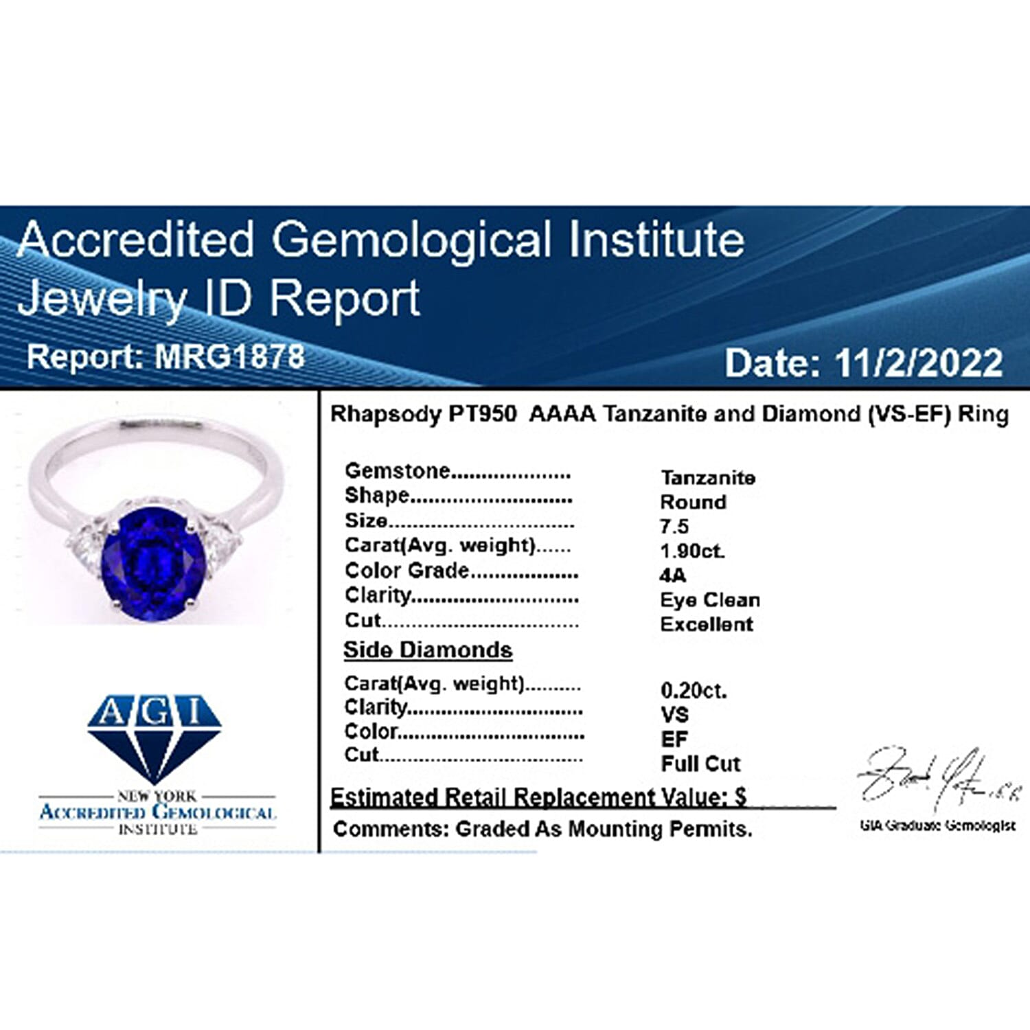 Certified and Appraised RHAPSODY 950 Platinum 2.10 Ct AAAA Tanzanite and Diamond VS-EF Solitaire Engagement Ring, Platinum 3.84 grams 7262146 7