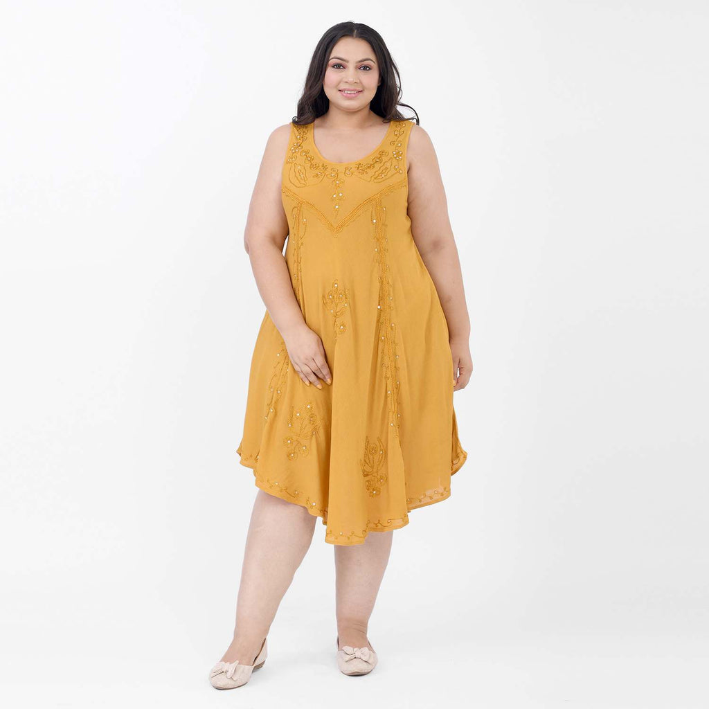 100% Viscose Sequin Embroidered Umbrella Dress with Pockets (One Size Curve, 20-26) - Gold_7263566