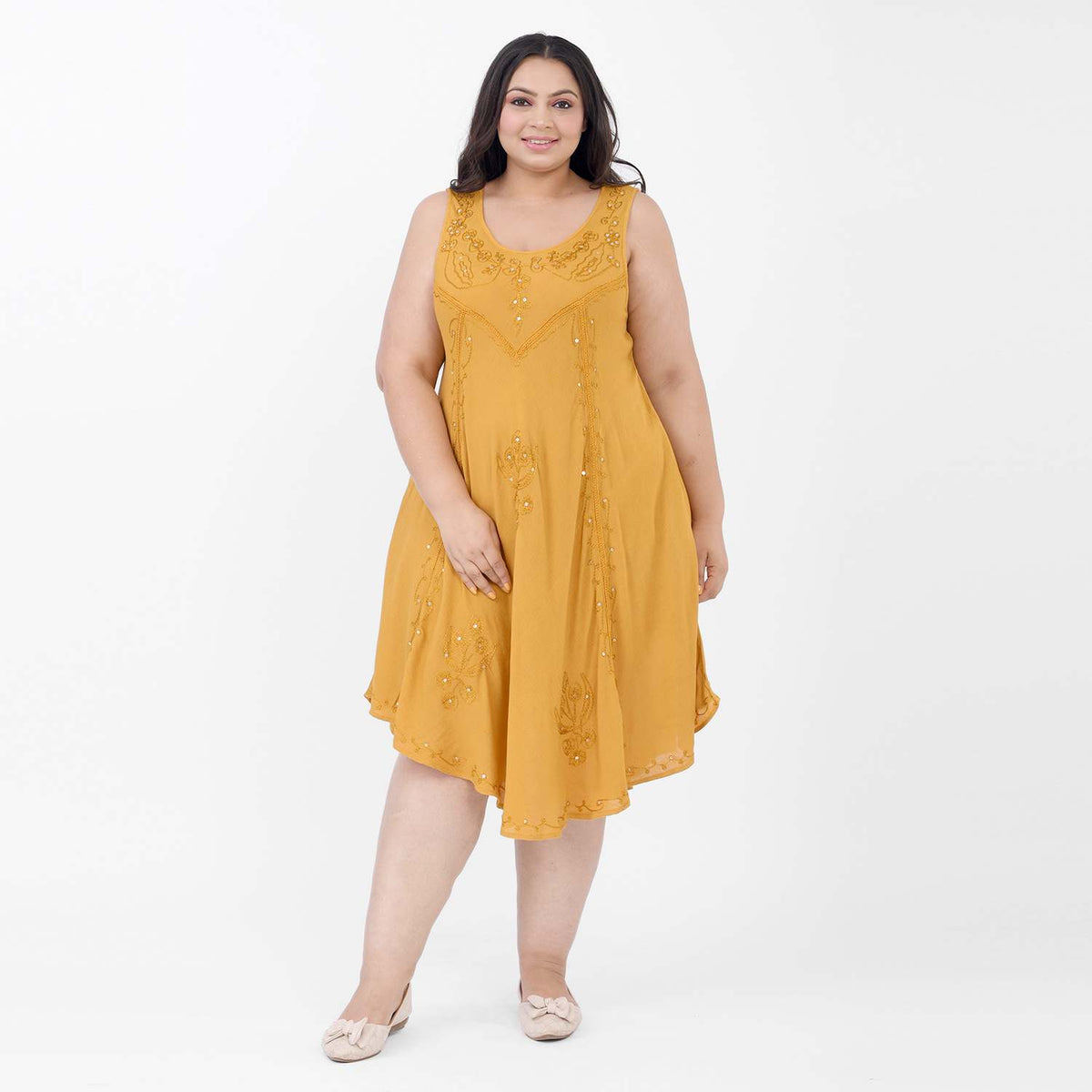 TAMSY Sequin Embroidered Umbrella Dress with Pockets  - Gold V32512546 0