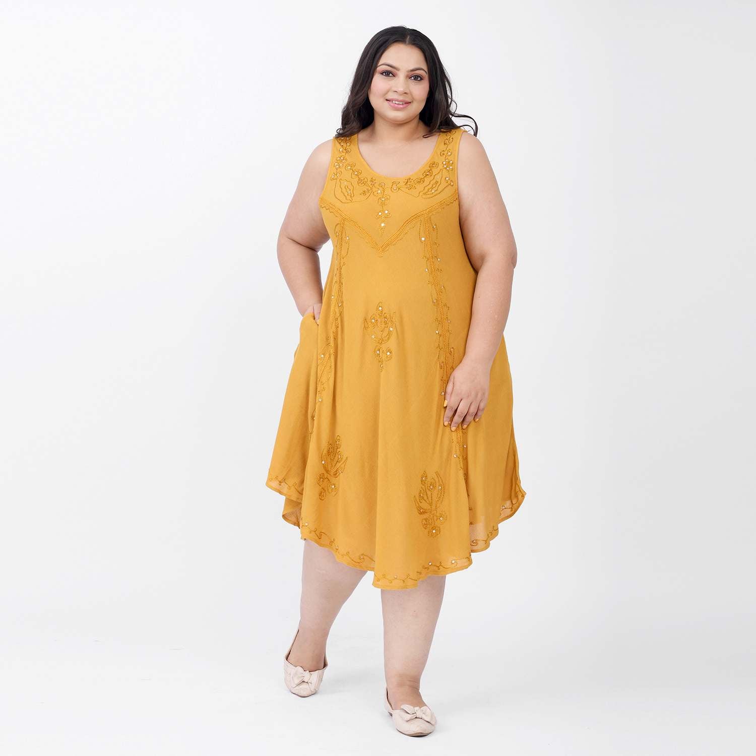 TAMSY Sequin Embroidered Umbrella Dress with Pockets  - Gold V32512546 3