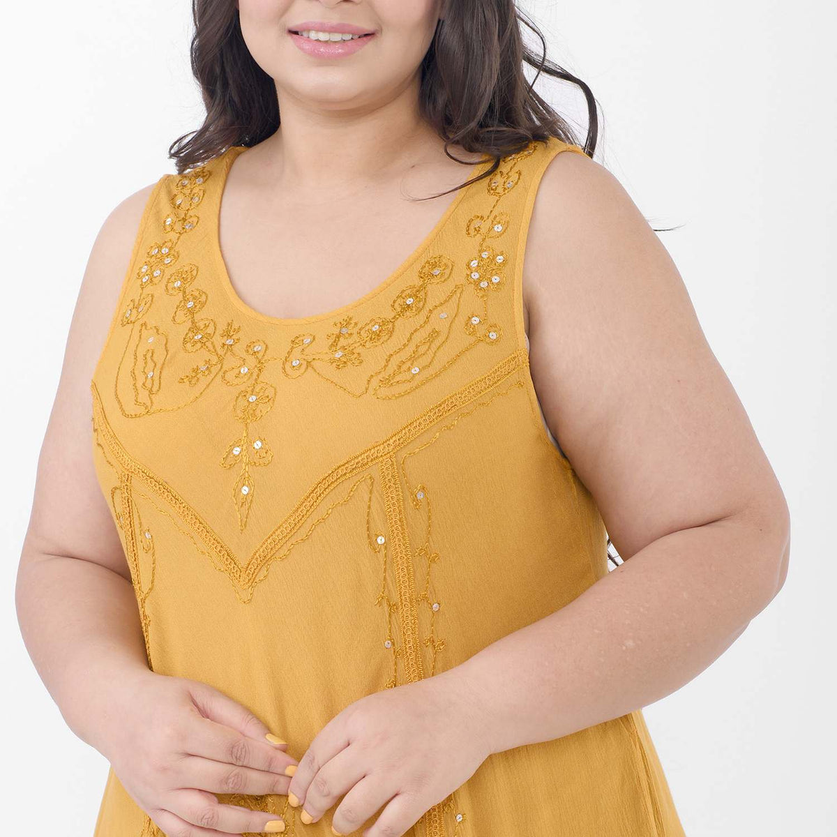 TAMSY Sequin Embroidered Umbrella Dress with Pockets  - Gold V32512546 4