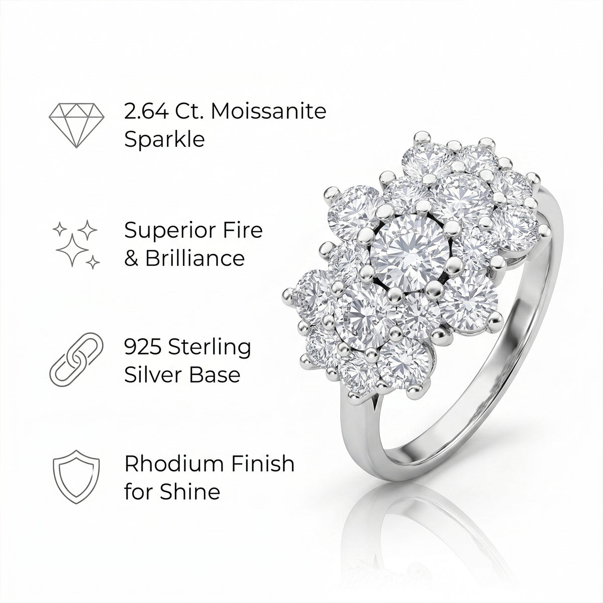 2.64 Ct. Moissanite Cluster Boat Ring in Rhodium Overlay Sterling Silver V32720885 5
